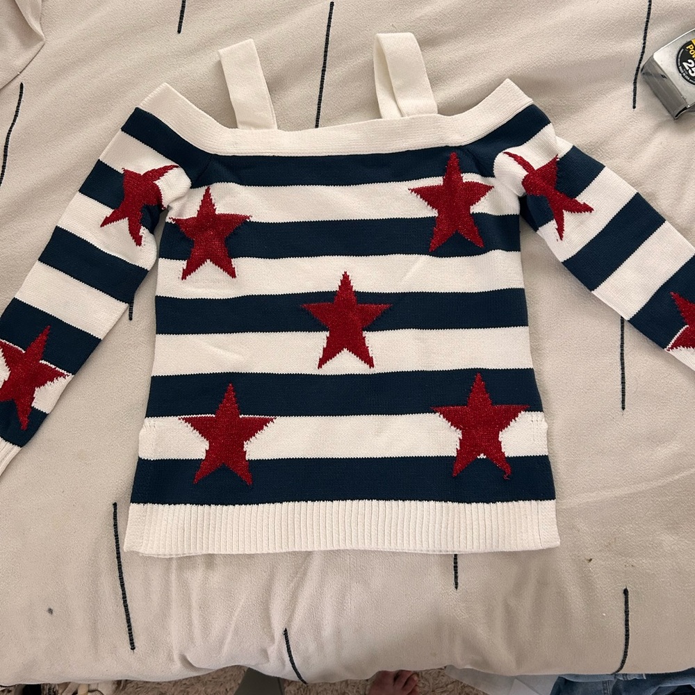 Boston Proper Navy and White Off-Shoulder Sweater with Red Stars